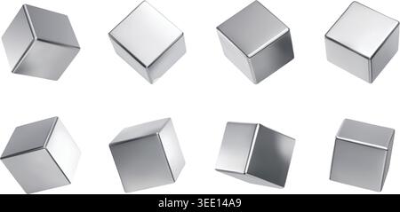 Silver 3d set with cubes metallic cube and chrome square geometric. Metal shape render with realistic vector reflective and glossy shiny smooth Stock Vector