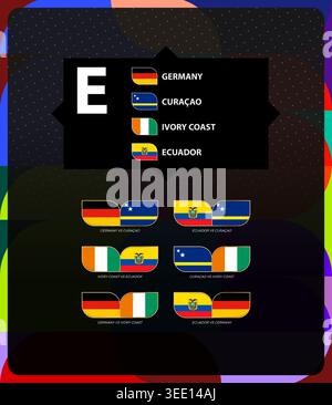 Group E of football tournament, Germany, Curacao, Ivory Coast, Ecuador flags and match icon set. Vector collection. Stock Vector