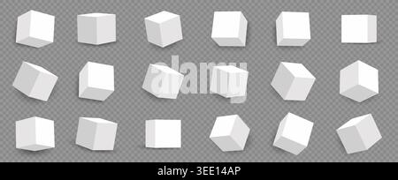 Cubes 3d set for blocks geometric shape and cube shapes white. Block vector shadow for soft floating angle and rotation pack asset. Cubes simple Stock Vector