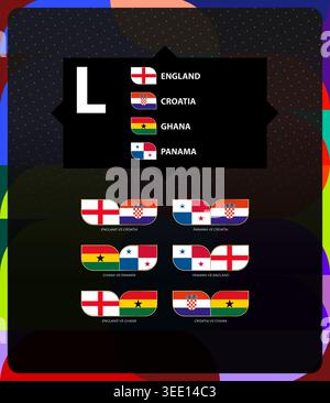 Group L of football tournament, England, Croatia, Ghana, Panama flags and match icon set. Vector collection. Stock Vector