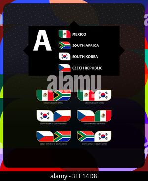 Group A of football tournament, Mexico, South Africa, South Korea, Czech Republic flags and match icon set. Vector collection. Stock Vector