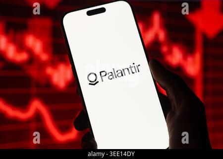 Palantir AI logo is displayed on the screen of a smartphone, in Bangalore, India, on May 11, 2026 Stock Photo