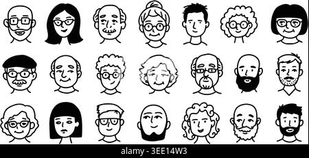 Avatar face people and profile heads head with portrait character adults. Seniors faces men and users women beard with glasses avatars doodle. User Stock Vector