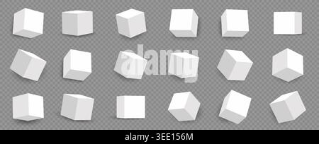 Cubes 3d set for blocks geometric shape and cube shapes white. Block vector shadow for soft floating angle and rotation pack asset. Cubes simple Stock Vector