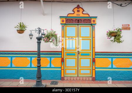Colorful traditional door and wall with hanging plants Stock Photo