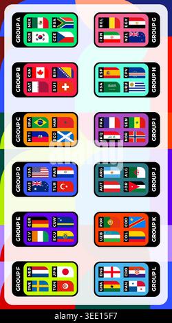 Football World Cup 2026 Groups A to L with Country Flags and Team Layout. Vector illustration. Stock Vector