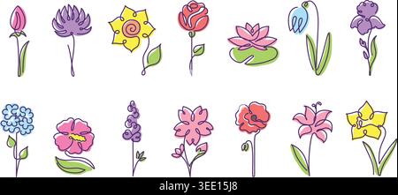Flowers colorful petals and blossom one line flower with tulip rose lotus. Lily iris orchid and carnation pansy daffodil with hydrangea peony poppy Stock Vector