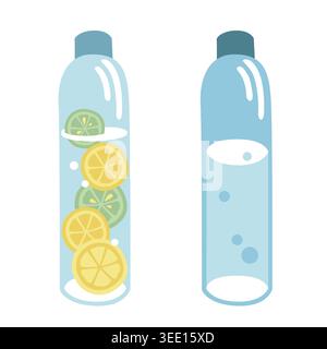Hand-drawn illustrations of bottles of water with lemon, lime and pure bottled water for healthcare, medicine, sport projects Stock Vector