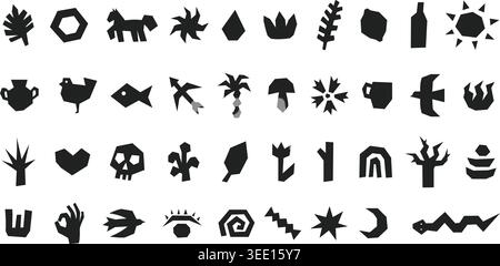 Abstract linocut geometric symbols set, primitive folk icons, black cutout shapes. Logo, branding, packaging, poster, textile, tattoo, app design Stock Vector