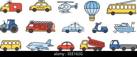 Cute transport vehicle set, colorful doodle cars, aircraft, boat, emergency service collection. Kids education, nursery poster, app, sticker, school Stock Vector