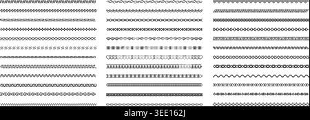 Decorative border set, seamless geometric divider lines, black ornamental trims. Invitation, packaging, textile, scrapbook, stationery, web decor Stock Vector