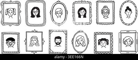 Framed family portraits set, cute people avatars, warm memory mood. Genealogy tree, gallery wall, album, interior decor, profile design. Hand drawn Stock Vector