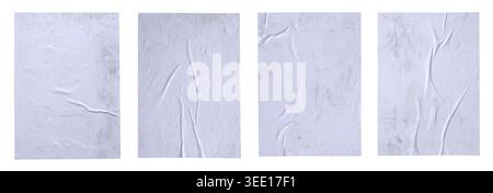 Four vertical white glued poster textures on a white background with realistic wrinkles and wet paper effects for mockup design. Stock Photo