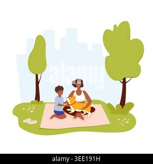Mother with boy sit on mat in park with their pet corgi. Vector illustration suitable for pet lover content, urban nature scenes. Stock Vector