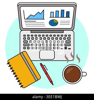 Top view vector illustration of a modern workspace with a laptop displaying financial analytics, a yellow notebook, a red pen, and steaming coffee. Stock Photo