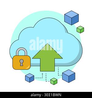 Secure cloud storage upload concept with data blocks and cloud computing, showing data backup process, encrypted file upload, and digital information Stock Photo