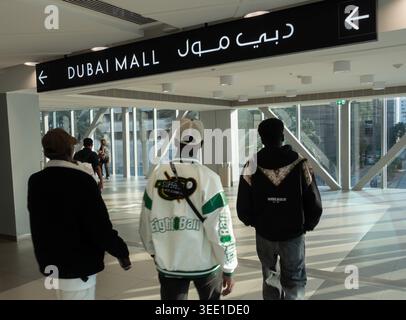 Sign in the gangway to Dubai Mall from the Burj Khalifa Metro Station,Dubai,United Arab Emirate Stock Photo