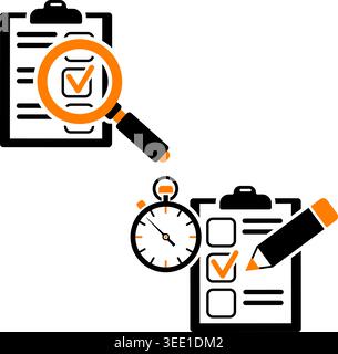 Set icons education test with pencil, stopwatch, magnifying glass, clipboard with checklist. online testing, audit concept. successfully completed che Stock Vector