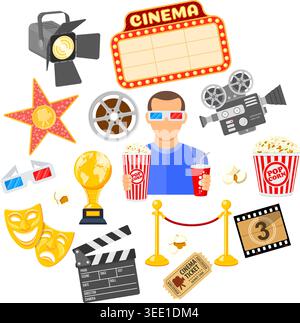 Cinema and Movie time concept with flat icons masks, 3D glasses, clapperboard and viewer with popcorn and soda in hands, isolated vector illustration Stock Vector