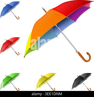 Collect High Detailed Colorful Realistic Umbrellas. Vector illustration isolated on transparent background Stock Vector