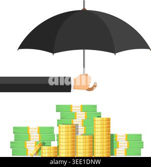 Agent Holding umbrella in hand and protects money. insurance safe concept. flat style icons. Isolated vector illustration Stock Vector