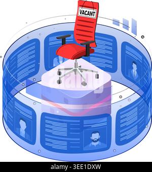Isometric job agency employment, human resources, resume and hiring concept. Resume applicants for vacancies on flexible transparent screen. office ch Stock Vector