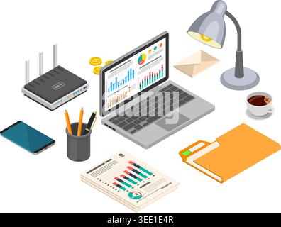 Business Auditing Workplace Isometric Concept with laptop, charts, router and smartphone isometric icons. Vector illustration Stock Vector