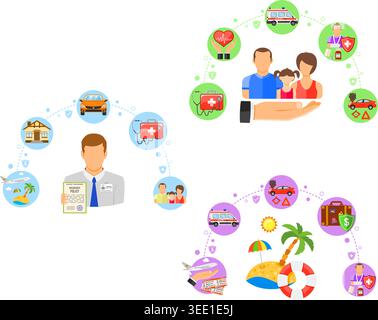 Insurance Services Horizontal Banners with Flat Icons Insurer, life and travel insurance. vector illustration Stock Vector