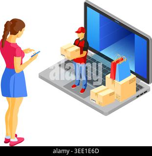Isometric online shopping, delivery, logistics concept. laptop with delivery man, box. 24h internet shopping and delivery at home. isolated vector ill Stock Vector