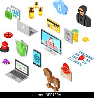 Internet Security isometric Concept with Flat Icons Hacker, Virus, Spam and Safe. Stock Vector