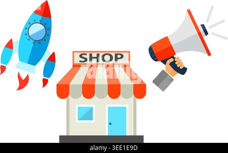 Internet Shopping and Advertising Flat Icon Set for e-commerce with Shop, Megaphone and Rocket symbols. Vector isolated on white. Stock Vector