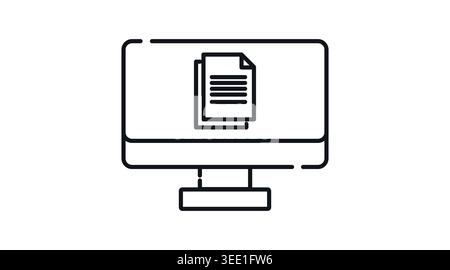 Computer document and text file icon: desktop PC with paper sheet on screen, minimalist black line art vector illustration for office work. Stock Vector