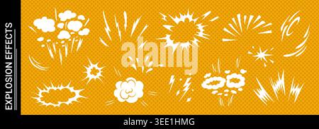 Explosive doodle comic action scene featuring dynamic burst effect vector illustration set. Stock Vector