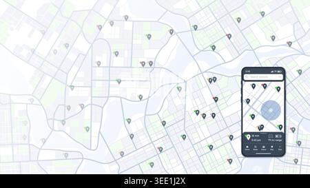 Smartphone displays city map with nearby charging stations, showcasing mobile app designed for flexible online charging solutions. App allows to Stock Vector