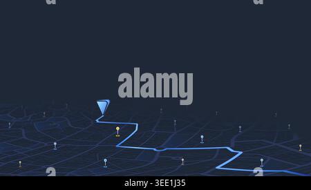 Route on the map to pin. City street map with various points of interest. GPS tracking system to navigate and find way around the city landmarks Stock Vector