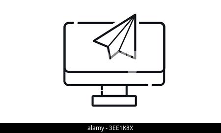 Computer paper plane icon: desktop PC with flying paper airplane on screen, minimalist black line art vector representing message sending and startups Stock Vector