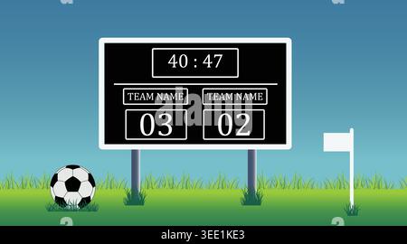 Soccer game scoreboard with team scores and time on green grass field. Stock Vector
