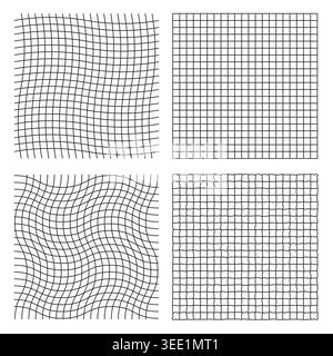 Checkered grid set. Distorted line meshes. Abstract deformed warp Stock Vector