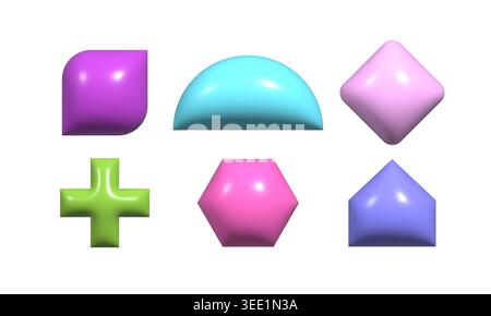 Trendy 3d inflated shapes collection. Plastic render effect vector doodle form set. Stock Vector