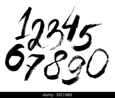 Digital drawing of grunge brush drawn numbers from 0 to 9. Dirty painted number set. Stock Vector