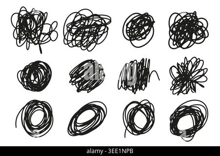Abstract doodle chaotic lines set. Collection of random messy tangled scribbles. Stock Vector