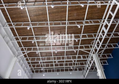 Modern industrial interior ceiling structure showing white metal grid framing against dark wood panel illuminated by small light creating calmly struc Stock Photo