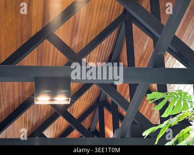 Modern interior architecture featuring an impressive geometric ceiling with black steel beam and natural wood panel creating highly peaceful design at Stock Photo