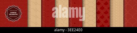 Collection of red and beige seamless geometric striped patterns. Luxury abstract vector backgrounds in Asian ornament style. Perfect for textile Stock Vector