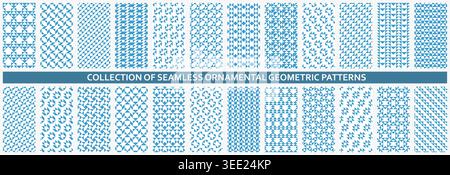 Collection of blue geometric seamless mosaic patterns. Fabric repeatable backgrounds. Decorative cloth textures. Perfect for textile, packaging Stock Vector