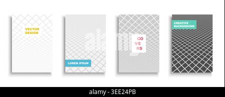 Collection of vector white and gray digital covers with vision perspective. Grid geometric futuristic posters, placards, brochures, banners Stock Vector
