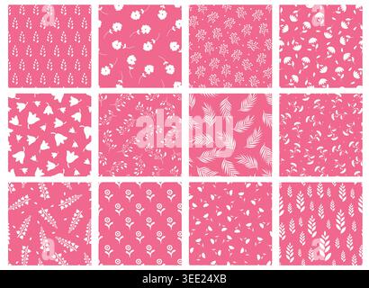Collection of vector beautiful elegant floral seamless patterns. Vintage hand drawn spring nature pink fabric backgrounds with branches, leaves and Stock Vector
