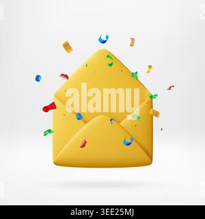 3D Open yellow envelope with colorful confetti. Stock Vector