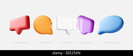 Set of 3d colorful speech bubble icons isolated on white. Different shapes of chat cloud for communication, social media message interface and digital Stock Vector