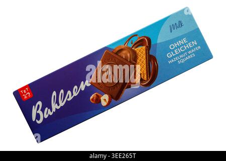 Packet of Bahlsen biscuits milk hazelnut wafer squares isolated on white background - Bahlsen ohne Gleichen Milk Chocolate Praline Wafer Biscuits Stock Photo